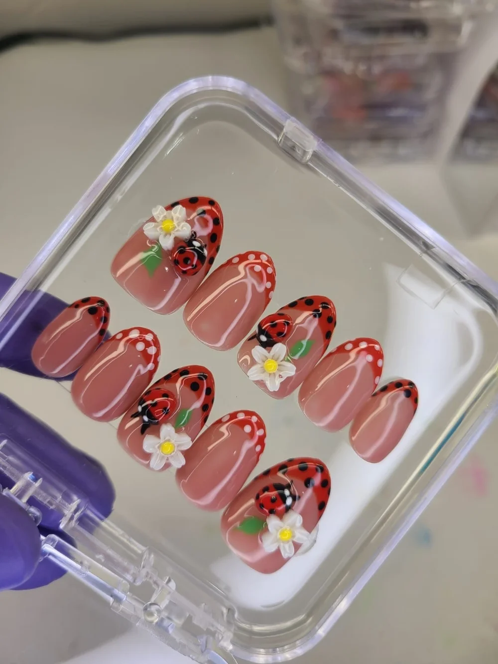 Size(M)Press-On Nail Set with Red Ladybug & Flower Design